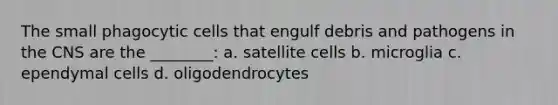 The small phagocytic cells that engulf debris and pathogens in the CNS are the ________: a. satellite cells b. microglia c. ependymal cells d. oligodendrocytes