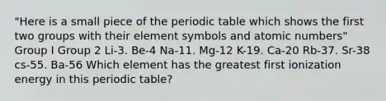 "Here is a small piece of the periodic table which shows the first two groups with their element symbols and atomic numbers" Group I Group 2 Li-3. Be-4 Na-11. Mg-12 K-19. Ca-20 Rb-37. Sr-38 cs-55. Ba-56 Which element has the greatest first ionization energy in this periodic table?