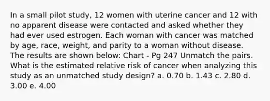 In a small pilot study, 12 women with uterine cancer and 12 with no apparent disease were contacted and asked whether they had ever used estrogen. Each woman with cancer was matched by age, race, weight, and parity to a woman without disease. The results are shown below: Chart - Pg 247 Unmatch the pairs. What is the estimated relative risk of cancer when analyzing this study as an unmatched study design? a. 0.70 b. 1.43 c. 2.80 d. 3.00 e. 4.00