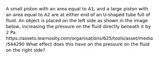 A small piston with an area equal to A1, and a large piston with an area equal to A2 are at either end of an U-shaped tube full of fluid. An object is placed on the left side as shown in the image below, increasing the pressure on the fluid directly beneath it by 2 Pa. https://assets.learnosity.com/organisations/625/tools/asset/media/544290 What effect does this have on the pressure on the fluid on the right side?