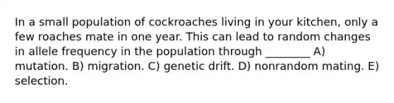 In a small population of cockroaches living in your kitchen, only a few roaches mate in one year. This can lead to random changes in allele frequency in the population through ________ A) mutation. B) migration. C) genetic drift. D) nonrandom mating. E) selection.