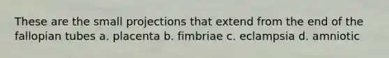 These are the small projections that extend from the end of the fallopian tubes a. placenta b. fimbriae c. eclampsia d. amniotic