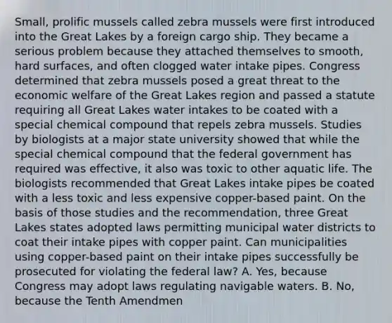 Small, prolific mussels called zebra mussels were first introduced into the Great Lakes by a foreign cargo ship. They became a serious problem because they attached themselves to smooth, hard surfaces, and often clogged water intake pipes. Congress determined that zebra mussels posed a great threat to the economic welfare of the Great Lakes region and passed a statute requiring all Great Lakes water intakes to be coated with a special chemical compound that repels zebra mussels. Studies by biologists at a major state university showed that while the special chemical compound that the federal government has required was effective, it also was toxic to other aquatic life. The biologists recommended that Great Lakes intake pipes be coated with a less toxic and less expensive copper-based paint. On the basis of those studies and the recommendation, three Great Lakes states adopted laws permitting municipal water districts to coat their intake pipes with copper paint. Can municipalities using copper-based paint on their intake pipes successfully be prosecuted for violating the federal law? A. Yes, because Congress may adopt laws regulating navigable waters. B. No, because the Tenth Amendmen