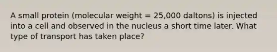 A small protein (molecular weight = 25,000 daltons) is injected into a cell and observed in the nucleus a short time later. What type of transport has taken place?