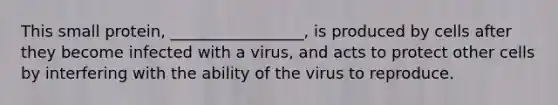 This small protein, _________________, is produced by cells after they become infected with a virus, and acts to protect other cells by interfering with the ability of the virus to reproduce.