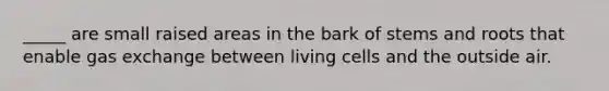 _____ are small raised areas in the bark of stems and roots that enable <a href='https://www.questionai.com/knowledge/kU8LNOksTA-gas-exchange' class='anchor-knowledge'>gas exchange</a> between living cells and the outside air.