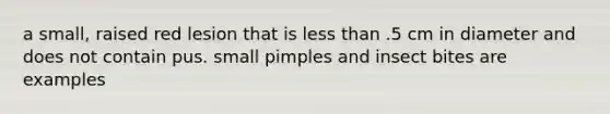 a small, raised red lesion that is less than .5 cm in diameter and does not contain pus. small pimples and insect bites are examples