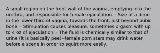 A small region on the front wall of the vagina, emptying into the urethra, and responsible for female ejaculation. - Size of a dime in the lower third of vagina, towards the front, just beyond pubic bone. - Stimulation causes pleasure, sometimes orgasm with up to 4 oz of ejaculation. - The fluid is chemically similar to that of urine (it is basically pee)--female porn stars may drink water before a scene in order to squirt more easily.