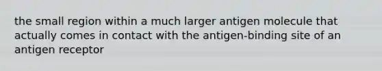 the small region within a much larger antigen molecule that actually comes in contact with the antigen-binding site of an antigen receptor