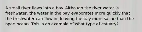 A small river flows into a bay. Although the river water is freshwater, the water in the bay evaporates more quickly that the freshwater can flow in, leaving the bay more saline than the open ocean. This is an example of what type of estuary?