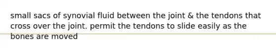 small sacs of synovial fluid between the joint & the tendons that cross over the joint. permit the tendons to slide easily as the bones are moved