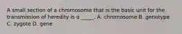 A small section of a chromosome that is the basic unit for the transmission of heredity is a _____. A. chromosome B. genotype C. zygote D. gene