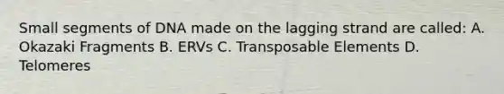 Small segments of DNA made on the lagging strand are called: A. Okazaki Fragments B. ERVs C. Transposable Elements D. Telomeres