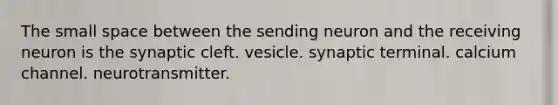 The small space between the sending neuron and the receiving neuron is the synaptic cleft. vesicle. synaptic terminal. calcium channel. neurotransmitter.