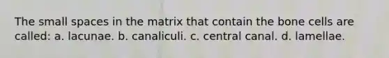 The small spaces in the matrix that contain the bone cells are called: a. lacunae. b. canaliculi. c. central canal. d. lamellae.