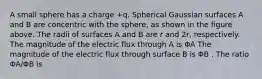 A small sphere has a charge +q. Spherical Gaussian surfaces A and B are concentric with the sphere, as shown in the figure above. The radii of surfaces A and B are r and 2r, respectively. The magnitude of the electric flux through A is ΦA The magnitude of the electric flux through surface B is ΦB . The ratio ΦA/ΦB is