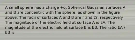 A small sphere has a charge +q. Spherical Gaussian surfaces A and B are concentric with the sphere, as shown in the figure above. The radii of surfaces A and B are r and 2r, respectively. The magnitude of the electric field at surface A is EA. The magnitude of the electric field at surface B is EB. The ratio EA / EB is