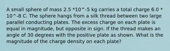 A small sphere of mass 2.5 *10^-5 kg carries a total charge 6.0 * 10^-8 C. The sphere hangs from a silk thread between two large parallel conducting plates. The excess charge on each plate is equal in magnitude, but opposite in sign. If the thread makes an angle of 30 degrees with the positive plate as shown. What is the magnitude of the charge density on each plate?