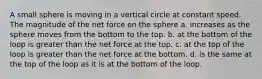 A small sphere is moving in a vertical circle at constant speed. The magnitude of the net force on the sphere a. increases as the sphere moves from the bottom to the top. b. at the bottom of the loop is greater than the net force at the top. c. at the top of the loop is greater than the net force at the bottom. d. is the same at the top of the loop as it is at the bottom of the loop.