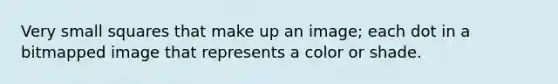 Very small squares that make up an image; each dot in a bitmapped image that represents a color or shade.