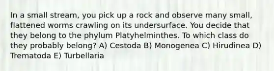 In a small stream, you pick up a rock and observe many small, flattened worms crawling on its undersurface. You decide that they belong to the phylum Platyhelminthes. To which class do they probably belong? A) Cestoda B) Monogenea C) Hirudinea D) Trematoda E) Turbellaria