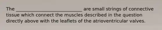 The _____________________________ are small strings of connective tissue which connect the muscles described in the question directly above with the leaflets of the atrioventricular valves.