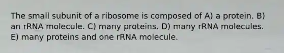 The small subunit of a ribosome is composed of A) a protein. B) an rRNA molecule. C) many proteins. D) many rRNA molecules. E) many proteins and one rRNA molecule.