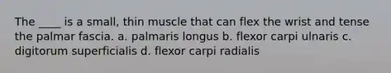 The ____ is a small, thin muscle that can flex the wrist and tense the palmar fascia. a. palmaris longus b. flexor carpi ulnaris c. digitorum superficialis d. flexor carpi radialis