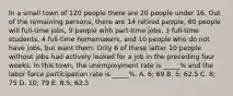 In a small town of 120 people there are 20 people under 16. Out of the remaining persons, there are 14 retired people, 60 people will full-time jobs, 9 people with part-time jobs, 3 full-time students, 4 full-time homemakers, and 10 people who do not have jobs, but want them. Only 6 of these latter 10 people without jobs had actively looked for a job in the preceding four weeks. In this town, the unemployment rate is _____% and the labor force participation rate is _____%. A. 6; 69 B. 5; 62.5 C. 8; 75 D. 10; 79 E. 8.5; 62.5