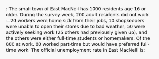 : The small town of East MacNeil has 1000 residents age 16 or older. During the survey week, 200 adult residents did not work—20 workers were home sick from their jobs, 10 shopkeepers were unable to open their stores due to bad weather, 50 were actively seeking work (25 others had previously given up), and the others were either full-time students or homemakers. Of the 800 at work, 80 worked part-time but would have preferred full-time work. The official unemployment rate in East MacNeill is: