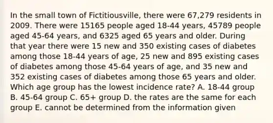 In the small town of Fictitiousville, there were 67,279 residents in 2009. There were 15165 people aged 18-44 years, 45789 people aged 45-64 years, and 6325 aged 65 years and older. During that year there were 15 new and 350 existing cases of diabetes among those 18-44 years of age, 25 new and 895 existing cases of diabetes among those 45-64 years of age, and 35 new and 352 existing cases of diabetes among those 65 years and older. Which age group has the lowest incidence rate? A. 18-44 group B. 45-64 group C. 65+ group D. the rates are the same for each group E. cannot be determined from the information given