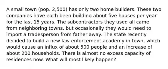 A small town (pop. 2,500) has only two home builders. These two companies have each been building about five houses per year for the last 15 years. The subcontractors they used all came from neighboring towns, but occasionally they would need to import a tradesperson from father away. The state recently decided to build a new law enforcement academy in town, which would cause an influx of about 500 people and an increase of about 200 households. There is almost no excess capacity of residences now. What will most likely happen?