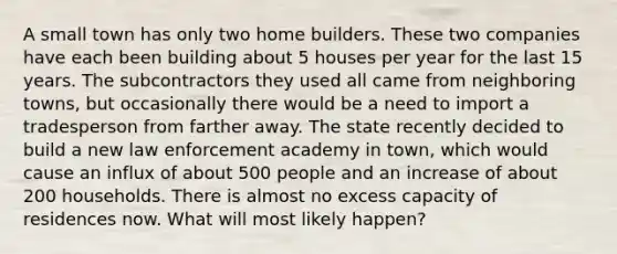 A small town has only two home builders. These two companies have each been building about 5 houses per year for the last 15 years. The subcontractors they used all came from neighboring towns, but occasionally there would be a need to import a tradesperson from farther away. The state recently decided to build a new law enforcement academy in town, which would cause an influx of about 500 people and an increase of about 200 households. There is almost no excess capacity of residences now. What will most likely happen?