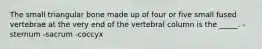 The small triangular bone made up of four or five small fused vertebrae at the very end of the vertebral column is the _____. -sternum -sacrum -coccyx