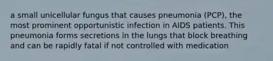 a small unicellular fungus that causes pneumonia (PCP), the most prominent opportunistic infection in AIDS patients. This pneumonia forms secretions in the lungs that block breathing and can be rapidly fatal if not controlled with medication