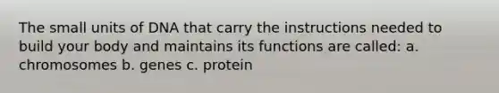 The small units of DNA that carry the instructions needed to build your body and maintains its functions are called: a. chromosomes b. genes c. protein