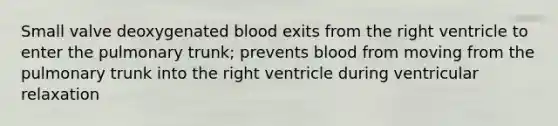 Small valve deoxygenated blood exits from the right ventricle to enter the pulmonary trunk; prevents blood from moving from the pulmonary trunk into the right ventricle during ventricular relaxation