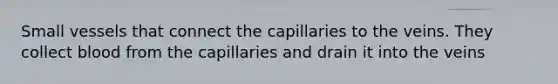 Small vessels that connect the capillaries to the veins. They collect blood from the capillaries and drain it into the veins