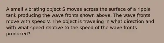 A small vibrating object S moves across the surface of a ripple tank producing the wave fronts shown above. The wave fronts move with speed v. The object is traveling in what direction and with what speed relative to the speed of the wave fronts produced?