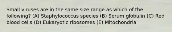 Small viruses are in the same size range as which of the following? (A) Staphylococcus species (B) Serum globulin (C) Red blood cells (D) Eukaryotic ribosomes (E) Mitochondria