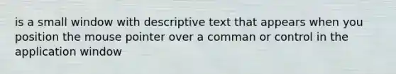 is a small window with descriptive text that appears when you position the mouse pointer over a comman or control in the application window