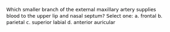 Which smaller branch of the external maxillary artery supplies blood to the upper lip and nasal septum? Select one: a. frontal b. parietal c. superior labial d. anterior auricular