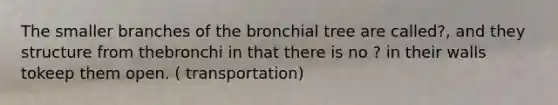 The smaller branches of the bronchial tree are called?, and they structure from thebronchi in that there is no ? in their walls tokeep them open. ( transportation)