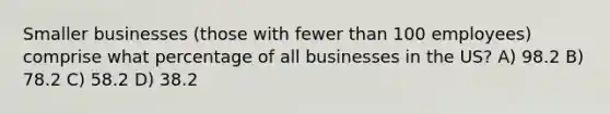 Smaller businesses (those with fewer than 100 employees) comprise what percentage of all businesses in the US? A) 98.2 B) 78.2 C) 58.2 D) 38.2