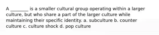 A ________ is a smaller cultural group operating within a larger culture, but who share a part of the larger culture while maintaining their specific identity. a. subculture b. counter culture c. culture shock d. pop culture