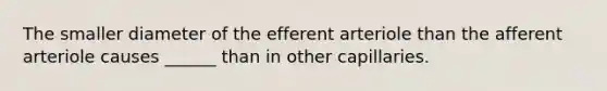 The smaller diameter of the efferent arteriole than the afferent arteriole causes ______ than in other capillaries.