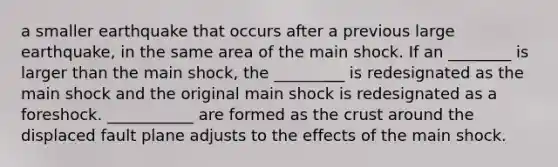 a smaller earthquake that occurs after a previous large earthquake, in the same area of the main shock. If an ________ is larger than the main shock, the _________ is redesignated as the main shock and the original main shock is redesignated as a foreshock. ___________ are formed as the crust around the displaced fault plane adjusts to the effects of the main shock.