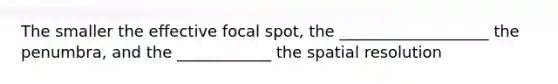 The smaller the effective focal spot, the ___________________ the penumbra, and the ____________ the spatial resolution