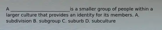 A __________________________is a smaller group of people within a larger culture that provides an identity for its members. A. subdivision B. subgroup C. suburb D. subculture