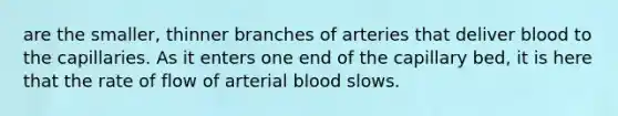 are the smaller, thinner branches of arteries that deliver blood to the capillaries. As it enters one end of the capillary bed, it is here that the rate of flow of arterial blood slows.